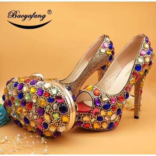 BaoYaFang High Heeled Peep Toe Multicolored Crystal wedding shoes Woman High heels Platform shoes and bags Fahion shoes and bag