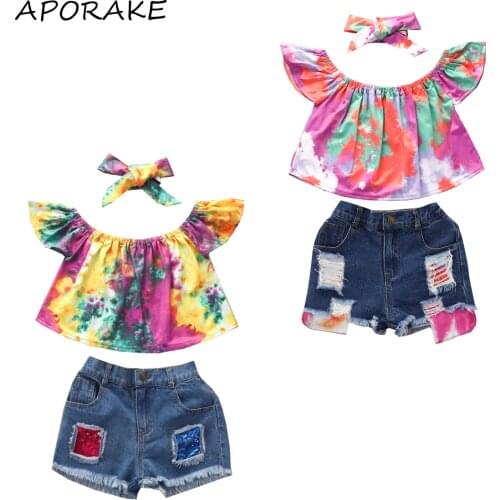 2021 2-6Y Kids Baby Girls Clothing Set Tie-dye Print Short Sleeve Blouse Tops+Sequins Denim Shorts+Headband Summer 3pcs Outfits