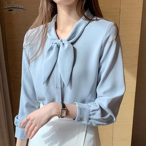 Fashion New Women Tops and Blouses Plus Size Chiffon Blouse Shirt Bow Collar Office Blouse Long Sleeve Women Shirts Blusas 10686