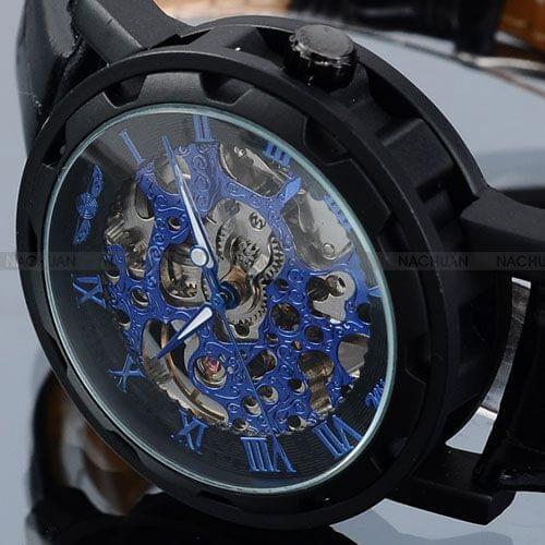 Winner Blue Dial New Series Transparent Skeleton Watch Black Leather Strap Luxury Design Leather Men Casual Watch Orologio Uomo