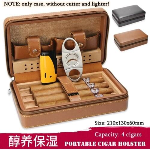 210x130x60mm Cedar Wood Cigar Humidor Portable Travel Creative Leather Case Capacity 4 Moisturizing Cigar Case NO Cutter Lighter