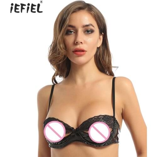 Women Sheer Lace Splice Bra Tops Patent Leather Underwired Push Up Bra Sexy Erotic Lingerie Open Cups Nipple Split Bra Underwear