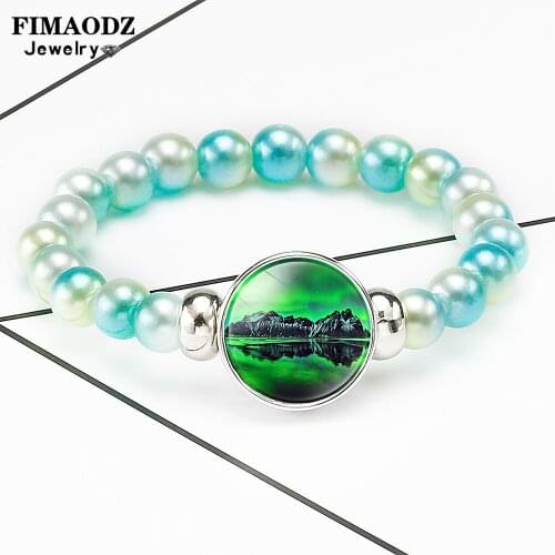 FIMAODZ Green Northern Lights Beaded Bracelet Beautiful Aurora Charm Glass Photo Handmade Exquisite Bracelets for Unisex