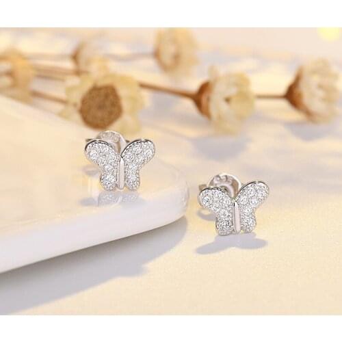 Exquisite Silver Color Filled White Zircon Butterfly Stud Earrings Fashion Elegant Crystal Earring for Women Girls Fine Jewelry