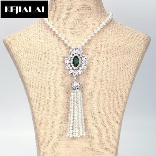 KEJIALAI Bohemian Style Jewelry Beads Chain Necklace Long Tassel Pendant Necklace for Women Girl Crystal Charm Paved with Zircon