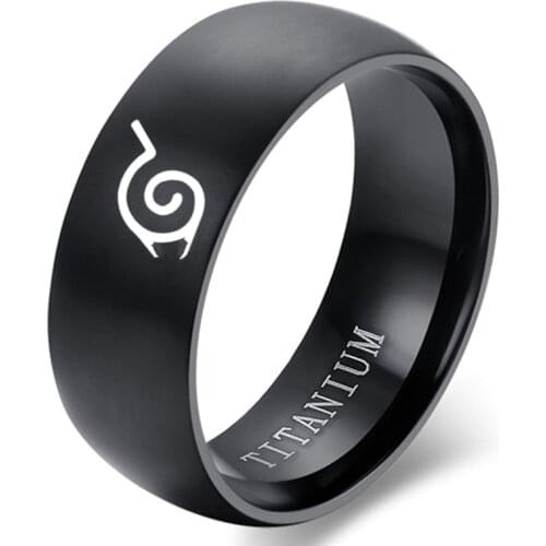 8MM Narute Ring Leaf Konoha Village Symbal Logo Sign Sasuke Ninja Black Fashion Titanium Steel Anime Cosplay Men and Women