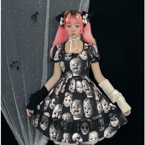 Summer Gothic O-Neck Dress Women Harajuku Vintage Dark Skull Print Sweet Puff Sleeve Dresses Fashion Lace Pleated Princess Dress