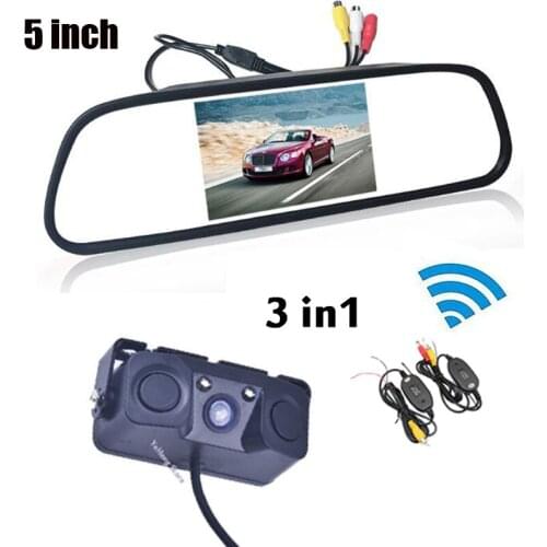 Wireless 3 in 1 HD 5 inch 800x480 Screen Car Rearview Mirror Monitor With Parking Camera + 2 Video Parking Radar 2 Sensors