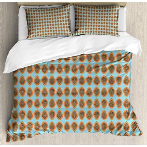 Orange Blue Duvet Cover Set Tropical Fruit Halved Papayas Pattern 3 Piece Bedding Set Burnt Sienna Pale Sky Blue Lime Green