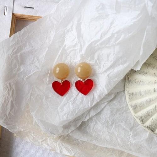 2021 new fashion Silver Needle Korean French Retro Hit Color Red Love Heart Earrings Simple and Sweet Girl New Year Earrings