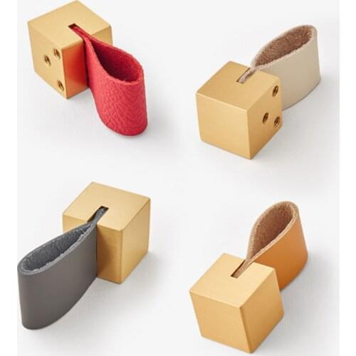 New Light Luxury Genuine Leather Brass Handle Square Pure Copper Wardrobe Shoe Cabinet Pulls Single Hole Drawer Knob Handles