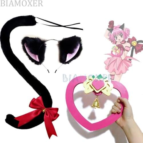 Lolita Cat Girls Tokyo Mew Mew Ichigo Momomiya Necklace Bell Bow Tail Black Pink Ear Cosplay Prop hand bell accessory