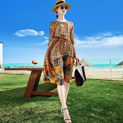 ZUOMAN Vintage Loose Print Mulbery Silk Beach Dress Summer 4XL Plus Size Casual Sundress Women Elegant Bodycon Party Vestidos