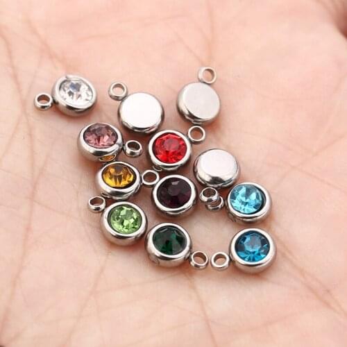 10pcs Stainless Steel 6mm Width Birthstone Crystal Charm Trendy Pendants Gift Accessories For Necklace Bracelet Jewelry Making