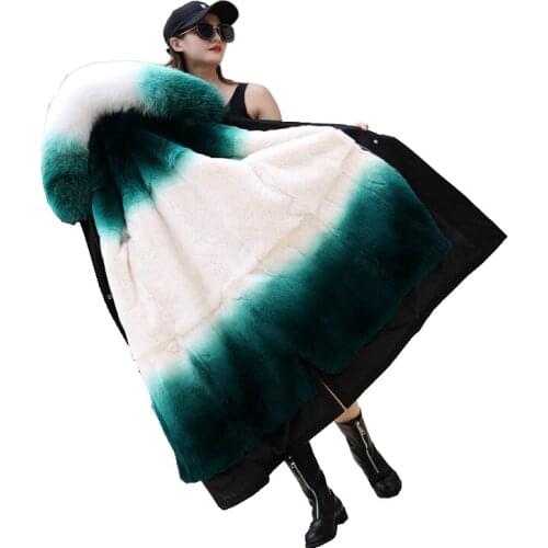 Luxury Winter Coat Parkas Real Fox Fur Hoody and Rex Rabbit Fur Lining Women X-Long Outerwear Warm Coats LF9107