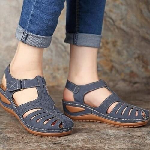 Womens Sandals Car Line Hole Shoes Non-Slip Round Toe Wedge Comfortable Sandals Women Ankle Hollow Round Toe Sandals Retro