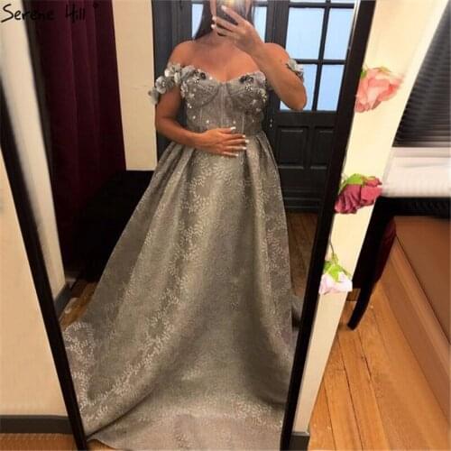 Serene Hill 2020 Grey Sequins Flowers Lace Evening Dress New Sexy Sleeveless Fashion Beach Formal Party Gown CLA6539