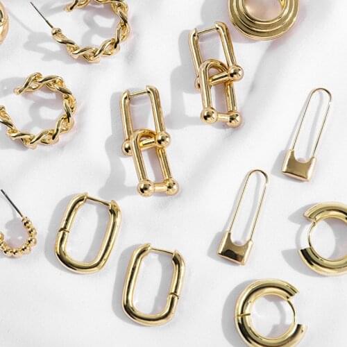 New Fashion Thick Round Circle Threads Textured Hoop Earrings for Women Gold Color Minimalist Design Safety Pin Lock Earrings