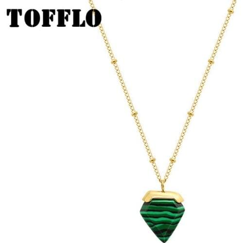TOFFLO Stainless Steel Jewelry Geometric Green Pendant Necklace Womens Fashion Clavicle Chain BSP8110