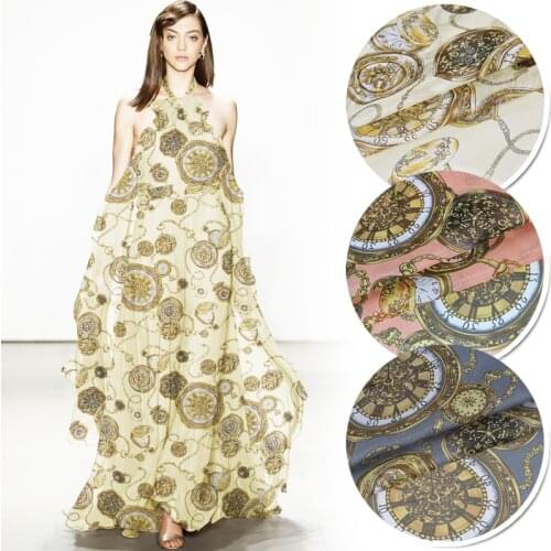135CM Wide 6MM Clock Print Thin Beige Pink Gray Silk Chiffon Fabric for Summer One-piece Dress Shirt Clothes JH181