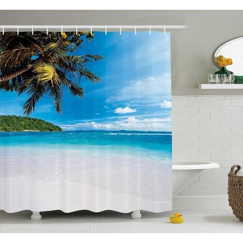 Tropical Shower Curtain Exotic Beach with White Sand and Palm Tree Green Forest Clear Sky and Clouds Waterproof Bath Curtains