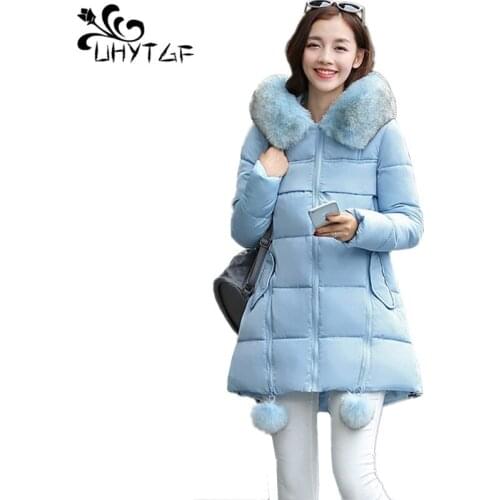 UHYTGF Womens Down Jacket 7XL Plus Size Hooded Parka Winter warm Thick Coats Women cotton Outwear Female Down cotton Coats X484