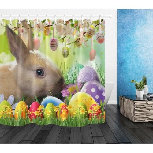 Flowers Colorful Eggs Easter Shower Curtain Set Waterproof Fabric Bathroom Hooks