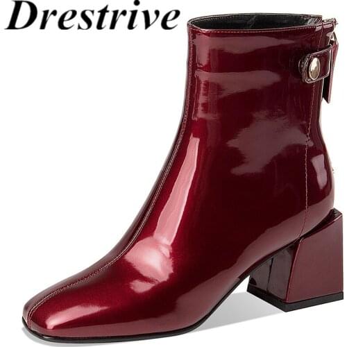 Drestrive Patent Leather Women Ankle Boots Zipper Square Toe 2021 Winter Shoes Thick High Heels Big Size 42 Wine Red