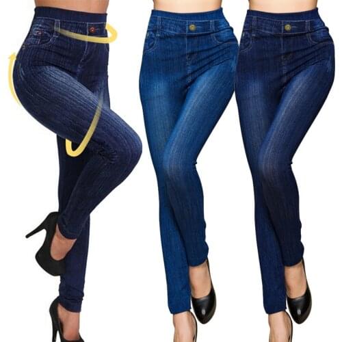 Women Print Winter Jeggings Seamless Leggings 2021 Lady Casual High Waist Faux Jeans Denim Slim Pencil Pants Fitness Leggings