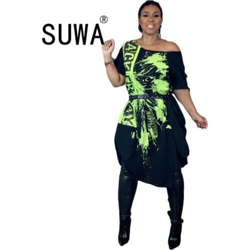 2020 new arrival sexy club outfits black green print chic summer dress short sleeve oversize t-shirt top long maxi dress