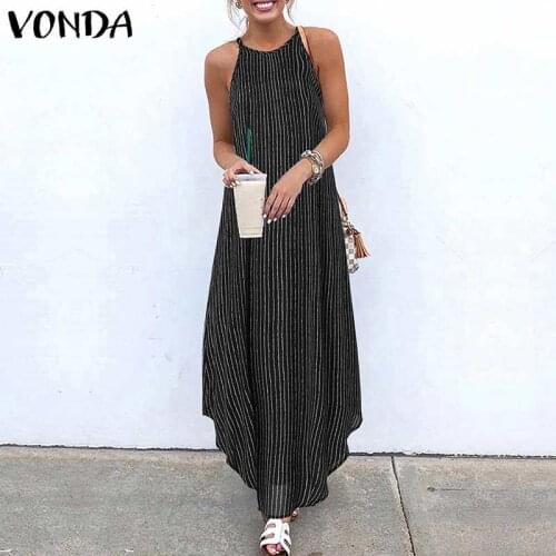 Women Maxi Dress 2021 VONDA Spaghetti Strap Halter Neck Striped Asymmetric Hem Casual Dress Loose Kaftan Plus Size Vestidos 5XL