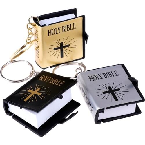 1Pc Mini English Holy Bible Keychain Religious Christian Jesus Cross Key Ring 4*3.4*1.1cm