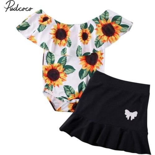 2020 2pcs Toddler Kids Baby Girl Clothes Summer Sunflower Ruffle Off Shoulder Tops Romper Bow A-line Skirt Dress Outfits Set