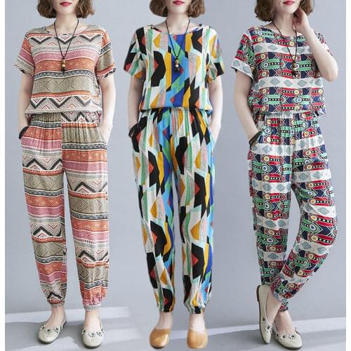 2021 Summer Plus Size Cotton Casual Two-piece Retro Printed T-shirt and Harem Pants Suits 2 Piece Sets Womens Outfits Y212