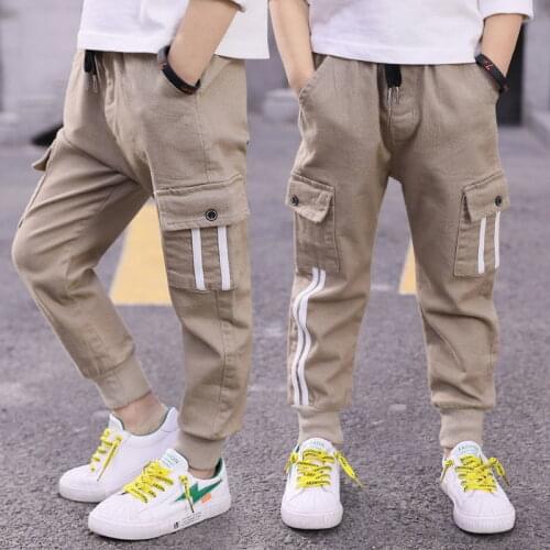 2021 New Korean Solid Cargo Pants 3-13 Years Old Spring and Autumn Childrens Trousers Elastic Waist Loose Kids Casual Clothes