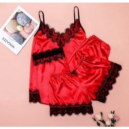 41# 3pc Women Lace Satin Pajama Sets Sleepwear Lingerie Camisole Bow Trousers Casual Pajamas Sets Stitching Sexy Homewear Suit