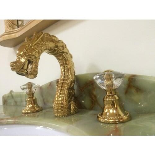 Free ship GOLD PVD 8" widespread bathroom dragon lav sink Faucet mixer tap crystal handles New deck mounted Luxurious tap