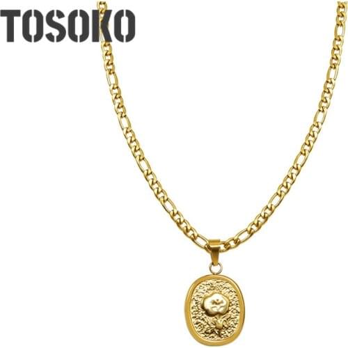 TOSOKO Stainless Steel Jewelry Gold Coin Geometric Ellipse Pattern Withering Rose Series Necklace Womens Fashion Clavicle Chain