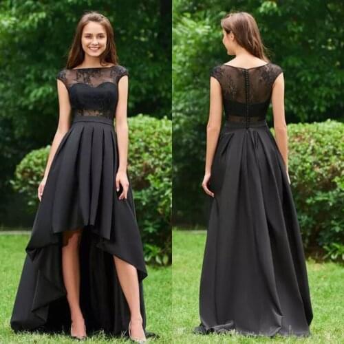 Black Front Short Long Back Evening Dresses Cap Sleeve Lace Appliques Button Satin Party Prom Gown O-Neck Sweep Train 2021