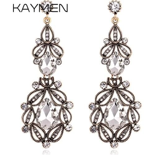 Fshionable Statement Big Drop Vintage Earrings for Women Glass Stone Rhinestones Hollow Out Dangle Earrings Party Prom Wedding