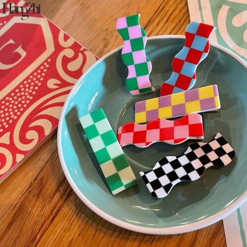 HangZhi 2021 New Summer Colorful Checkered Wave Square Rainbow Hair Clip Bar Barrette Side Hairpins for Women Hair Accessories