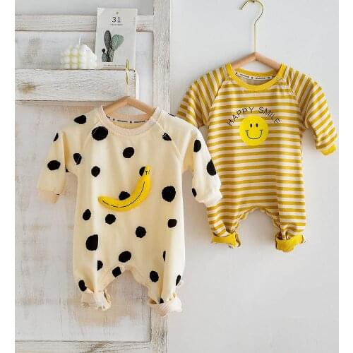 2021 Autumn Baby Long Sleeve Romper Boys Smiley Print Striped Jumpsuit Fashion Newborn Banana Cartoon Romper 0-24M Baby Clothes