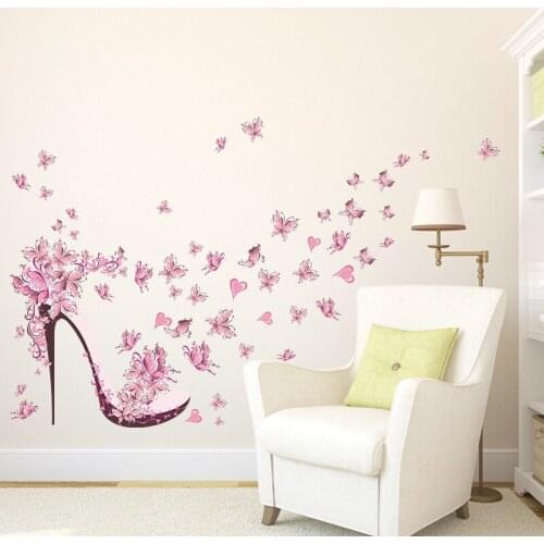 Creative Wall Sticker Pink Butterfly High Heeled Shoes Eiffel Tower Pattern Carved Decals for Bed Room Home Decor