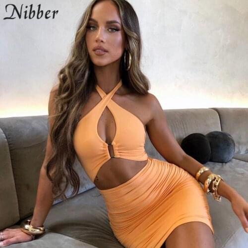 Nibber Summer Low-cut Halter Neck Bag Hip Dress Sleeveless Open Waist Open Back Slim Draped Design For Women Party Night Club