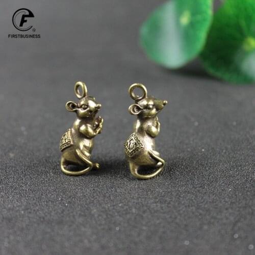 Copper Brass Chinese New Year Rat Statue Miniatures Figurines Vintage Copper Zodiac Animal Mouse FU Ornament Decor Keychains