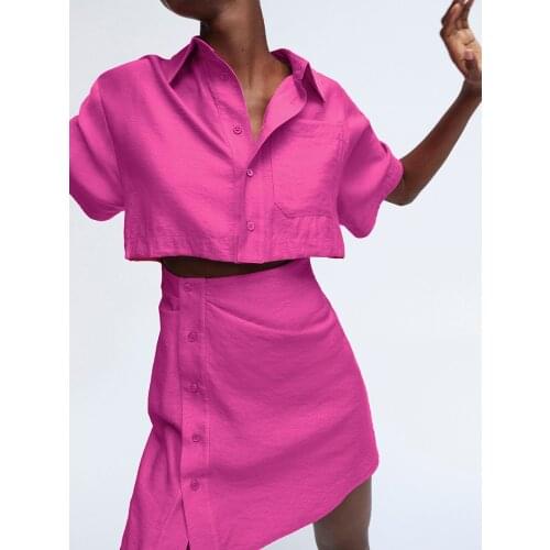 Mnealways18 Short Sleeve Hot Pink Shirt Dress Women Hollow Out Sexy High Waist Dress Mini Ladies Single-Breasted Pencli Dresses
