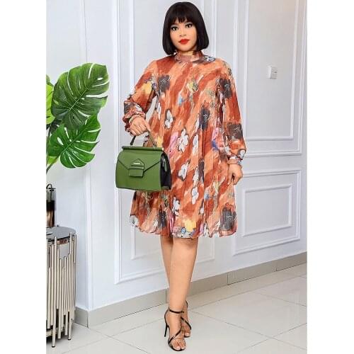 Africa Fashion Dresses For Women Floral Pattern Stand Collar Long Sleeve Mini Vestidos Ankara Printing Autumn Style