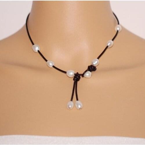 Fashion Ladys Perfect Leather Pearl Jewelry,White AA 10-11MM Freshwater Pearl Necklace More Color Leather For Choose Nice Gift
