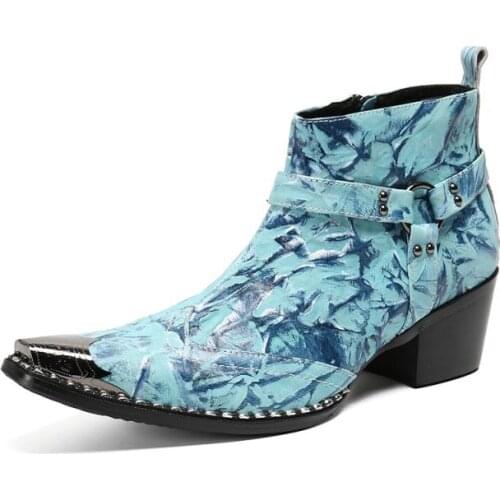 New Mens Pointed Toe High Heel Western Cowboy Boots Men Genuine Leather Ankle Boots Trendy Artist Career Work Boots Size 37-46