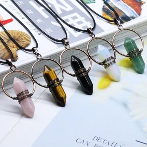 Natural Stone Pointed Pendant Necklaces Opal Quartz Hexagonal Column Circle Wire Wrapped Bullet Crystal Necklace Healing Jewelry